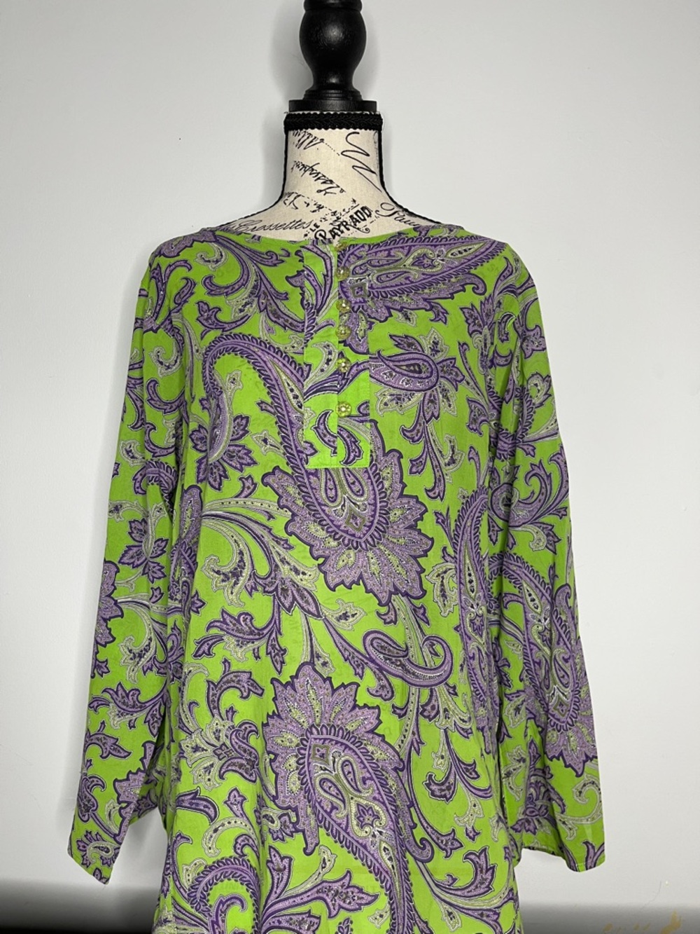 Y2K Milly Cabana Beach Green Paisley Long-Sleeve 100%  Cotton Swim Cover Up Sz L